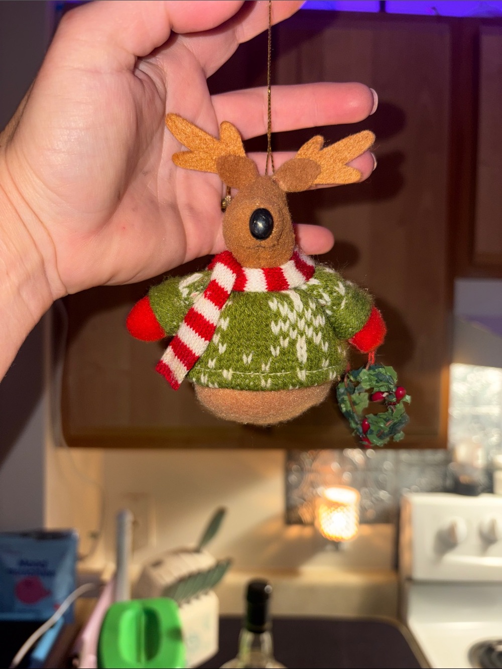 Festive Reindeer Ornament in Green Sweater with Red Accents